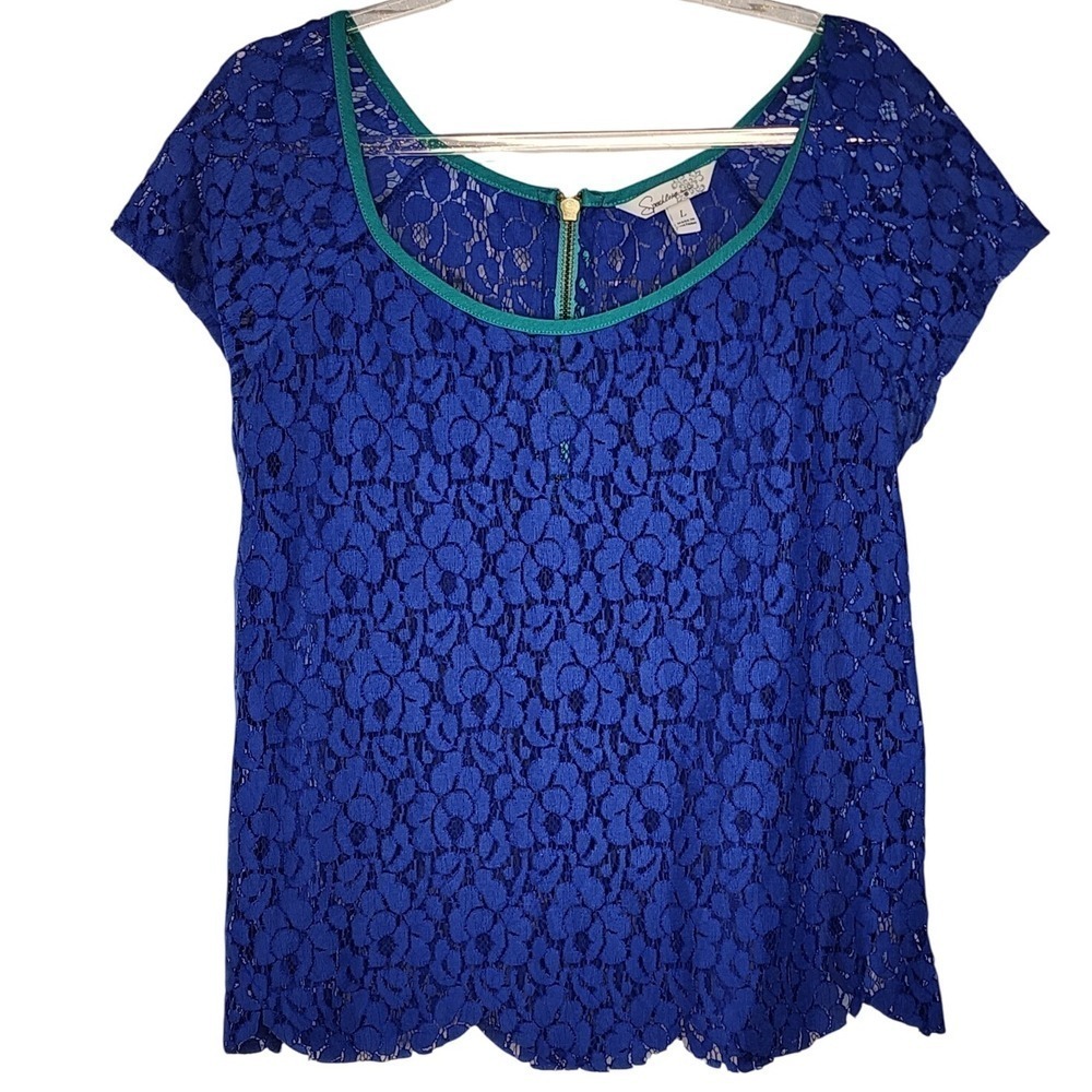 Speechless Blue Lace Top Green Trim Short Sleeve Blouse Size L EUC